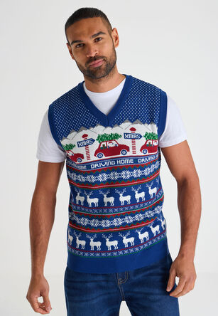 Mens Blue Driving Home For Christmas Knitted Tank