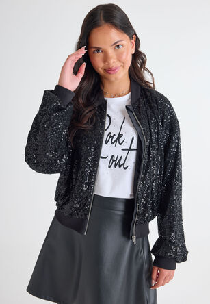Older Girls Black Sequin Bomber Jacket