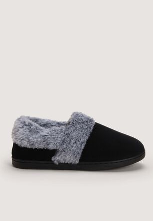Womens Black Fluffy Closed Back Slippers