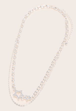 Womens Silver Double Drop Star Necklace