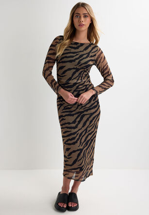 Womens Brown Animal Print Ruched Sides Midi Mesh Dress