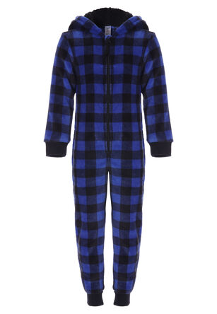 Boys Blue Check Fleece Hooded Onesie