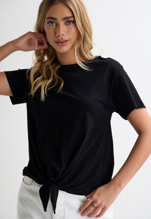 Womens Black Plain Front Knot T-Shirt