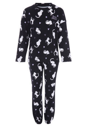 Girls Black Cat Print Soft Touch Pyjama Set