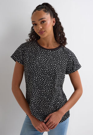 Womens Black Spot Print Roll Sleeve T-Shirt