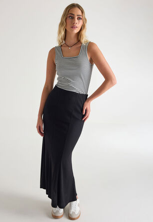 Womens Black Rib Fishtail Midi Skirt