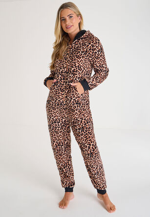 Womens Brown Leopard Print Sherpa Hooded Onesie