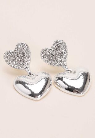Womens Silver Double Heart Drop Diamante Earrings