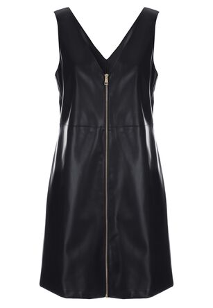 Womens Black Zip Up PU Pinny Dress