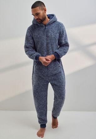 Mens Navy Sherpa Hooded Onesie